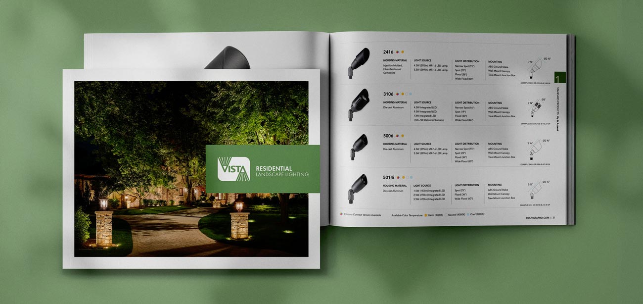An image of one Vista Residential catalog on top of another, which is open to show a list of outdoor lighting products